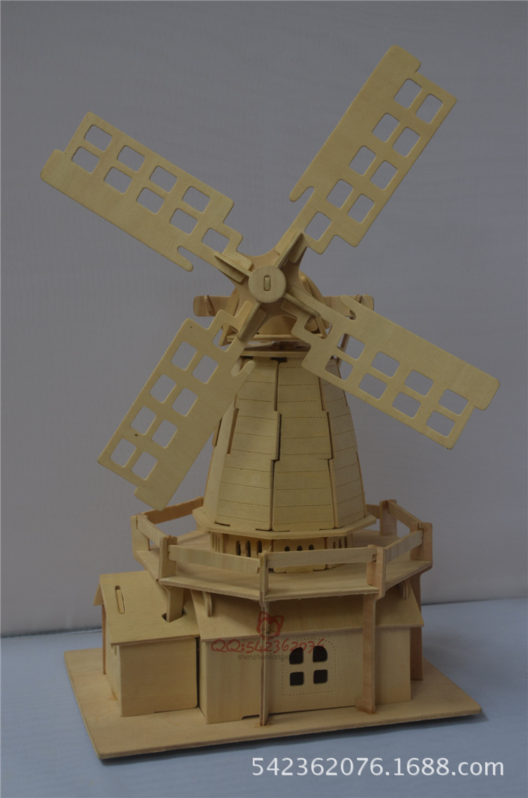 儿童玩具地摊热卖3d木质立体拼图diy木制荷兰风车拼图支持混批