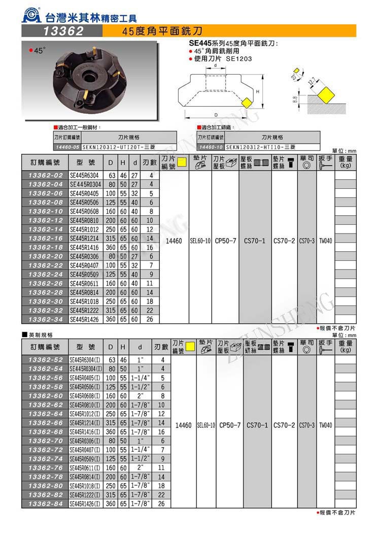 13362 45度角平面铣刀