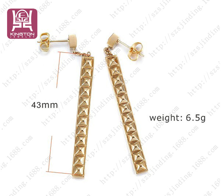 欧美新款 个性条形菱波纹耳线耳坠 长款钛钢真空电镀黄金色耳饰