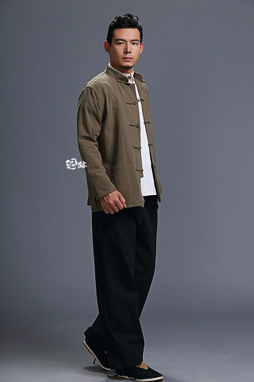 中式改良唐装外套 棉麻立领对襟盘扣大码长袖男开衫 中国风 批发
