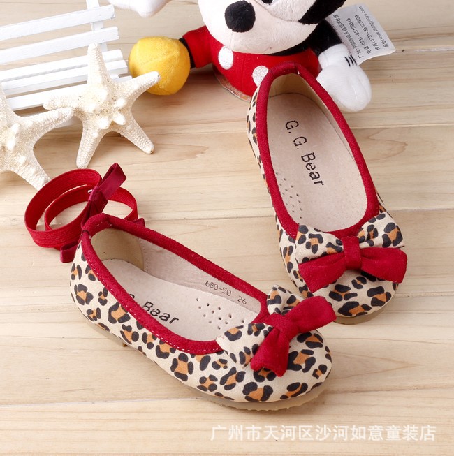 爆款韩版女童公主单皮鞋 豹纹拼色蝴蝶结防滑套脚单皮鞋 680-50