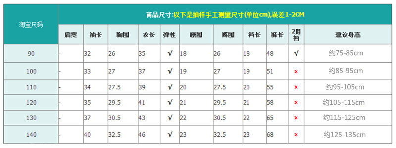 大童尺碼表