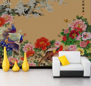 大型壁画 中式 无缝客厅沙发电视背景墙 个性壁纸墙纸 牡丹影视墙