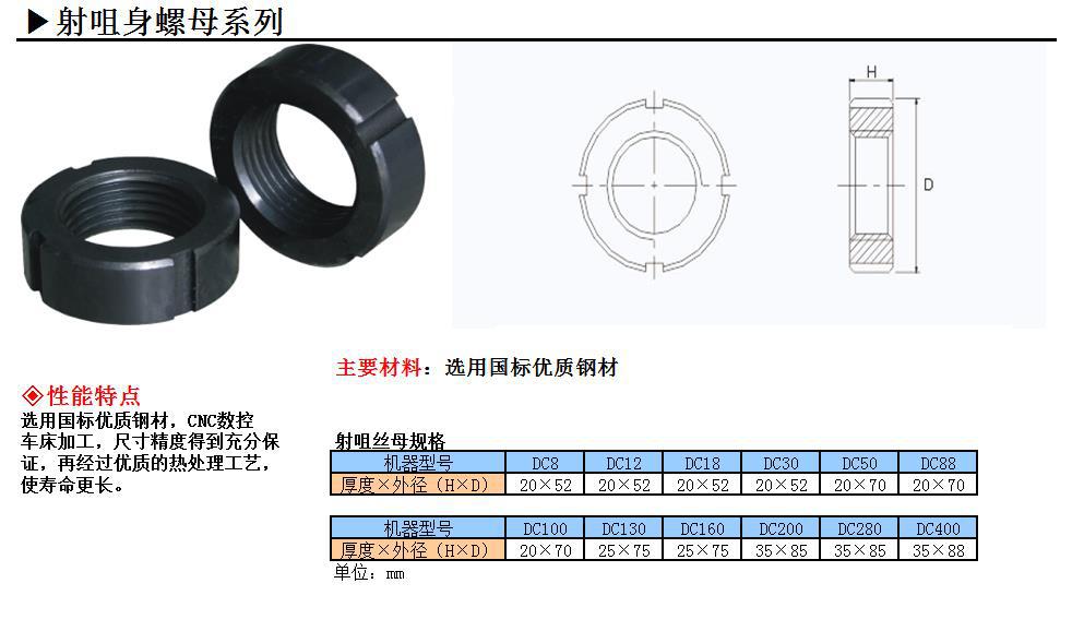 锌合金 热室压铸机配件 射咀身 射料管 压射杆 射嘴身 炮筒螺母