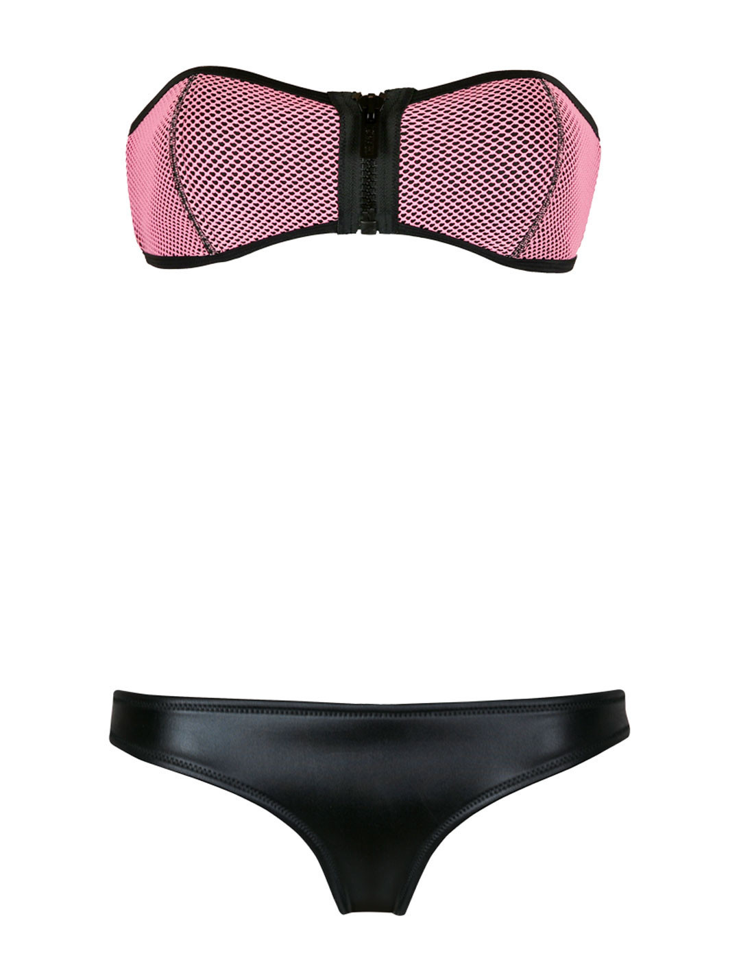 Zipper Bandeau Strapless Mesh Triangle Bikini PushUp NEOPRENE Swimsuit