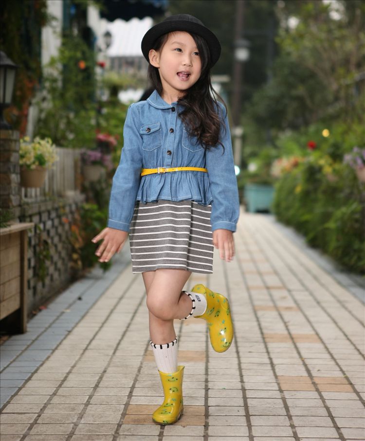 林芊美眉2014春季童装批发 韩版新款女童时尚带腰带牛仔外套3025