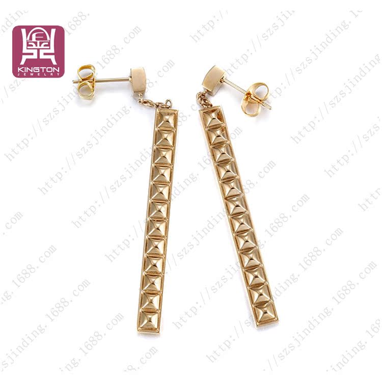 欧美新款 个性条形菱波纹耳线耳坠 长款钛钢真空电镀黄金色耳饰