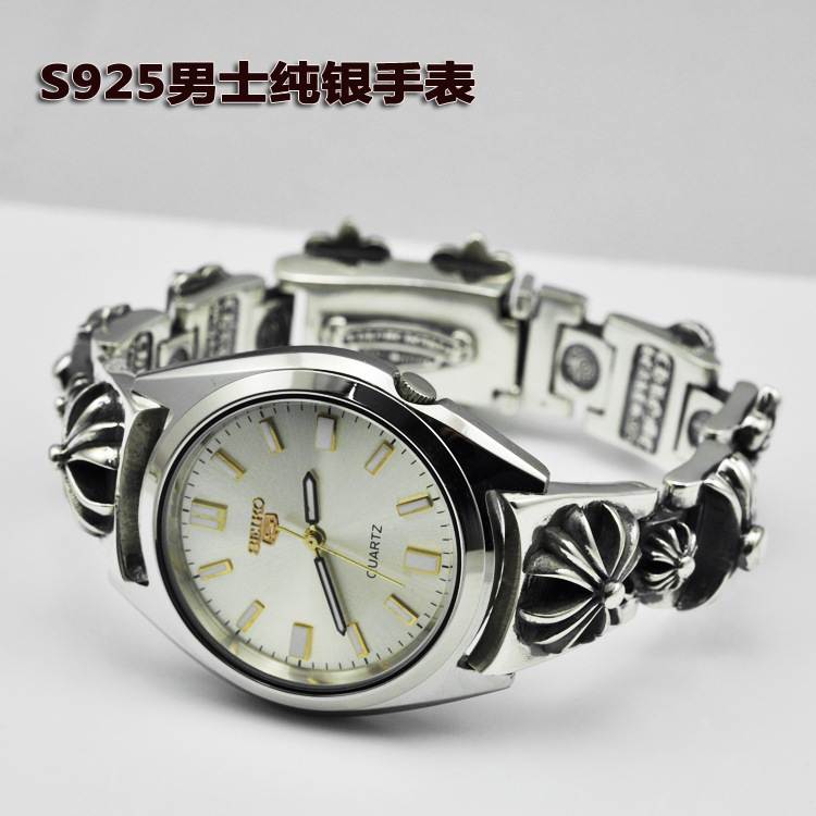 s925纯银手表 泰银款式时尚复古立体十字花男式手链石英手表批发