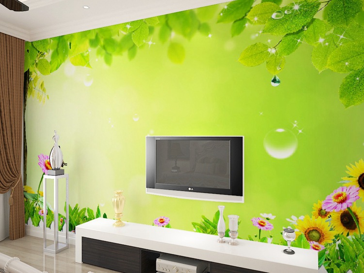 家装新款电视沙发床头背景图案 简约时尚 清新绿色树叶风景壁纸