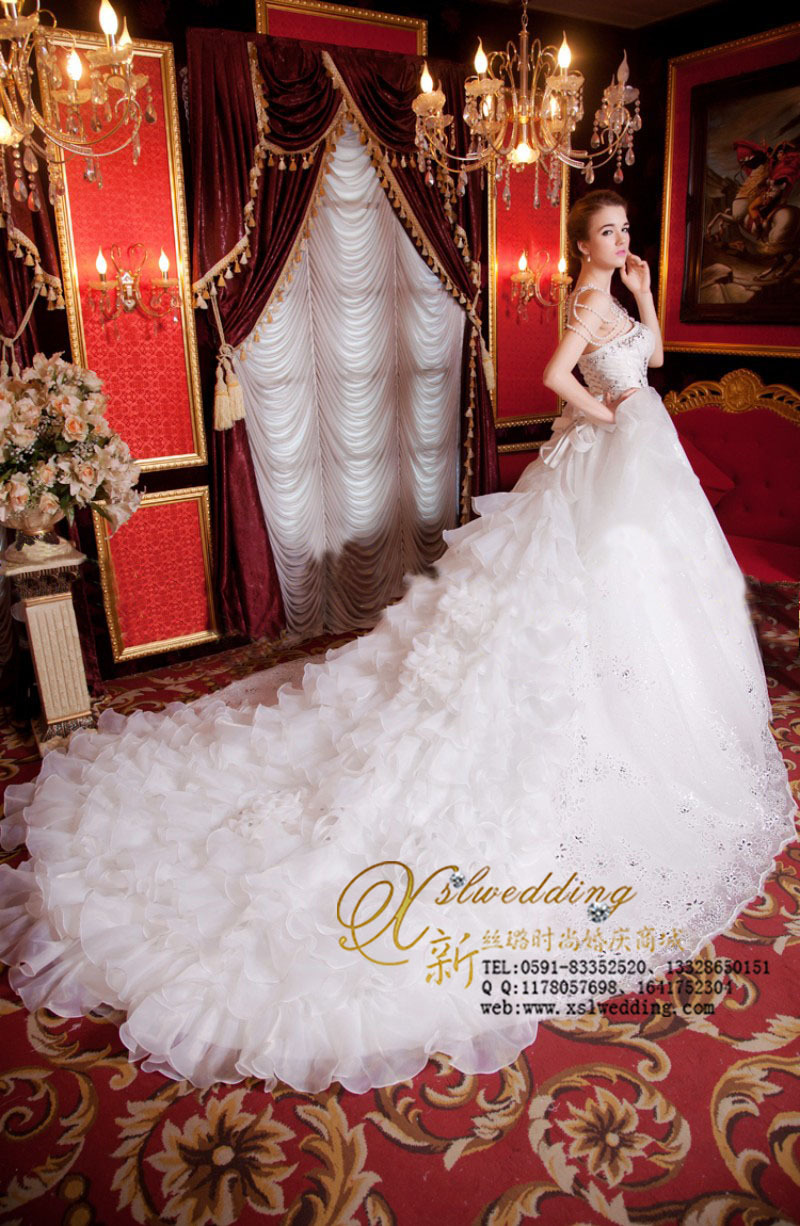 2015奢华水晶婚纱高档抹胸拖尾显瘦婚纱镶钻欧根纱纯精品婚纱礼服