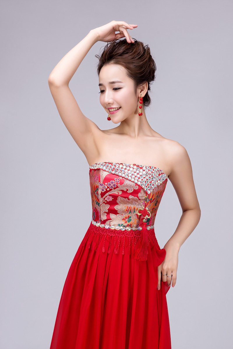 新款2015冬季装新娘结婚抹胸礼服敬酒服长袖款改良复古典旗袍红色