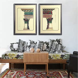 餐厅壁画欧式客厅装饰画两联画墙画卧室挂画现代玄关画建筑罗马柱