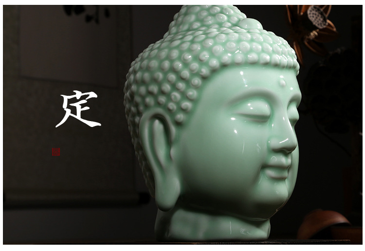 佛教用品泰国佛头 工艺品陶瓷摆件创意礼品复古佛首龙泉青瓷佛像