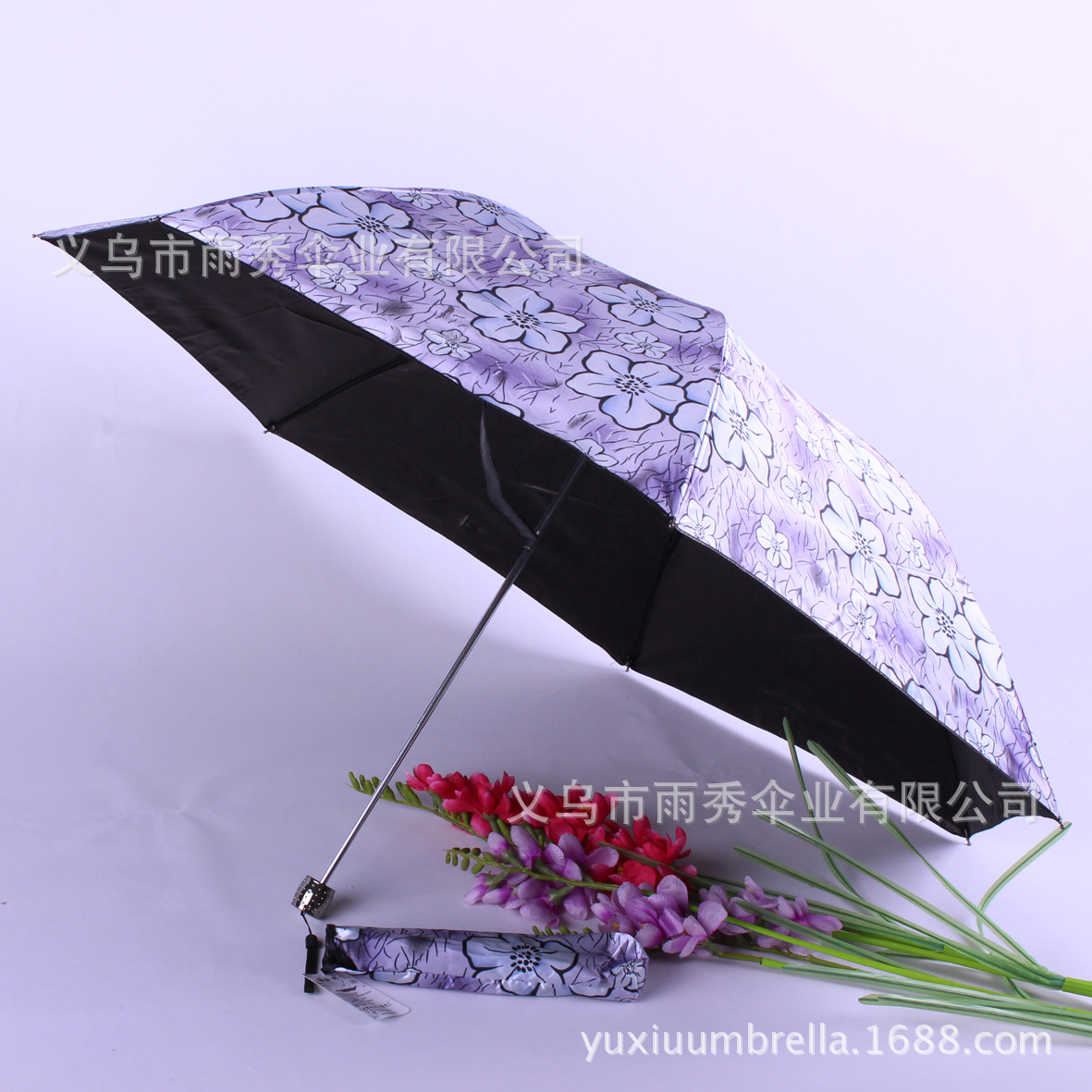 雨秀 三折牡丹花黑胶防晒伞 外贸雨伞