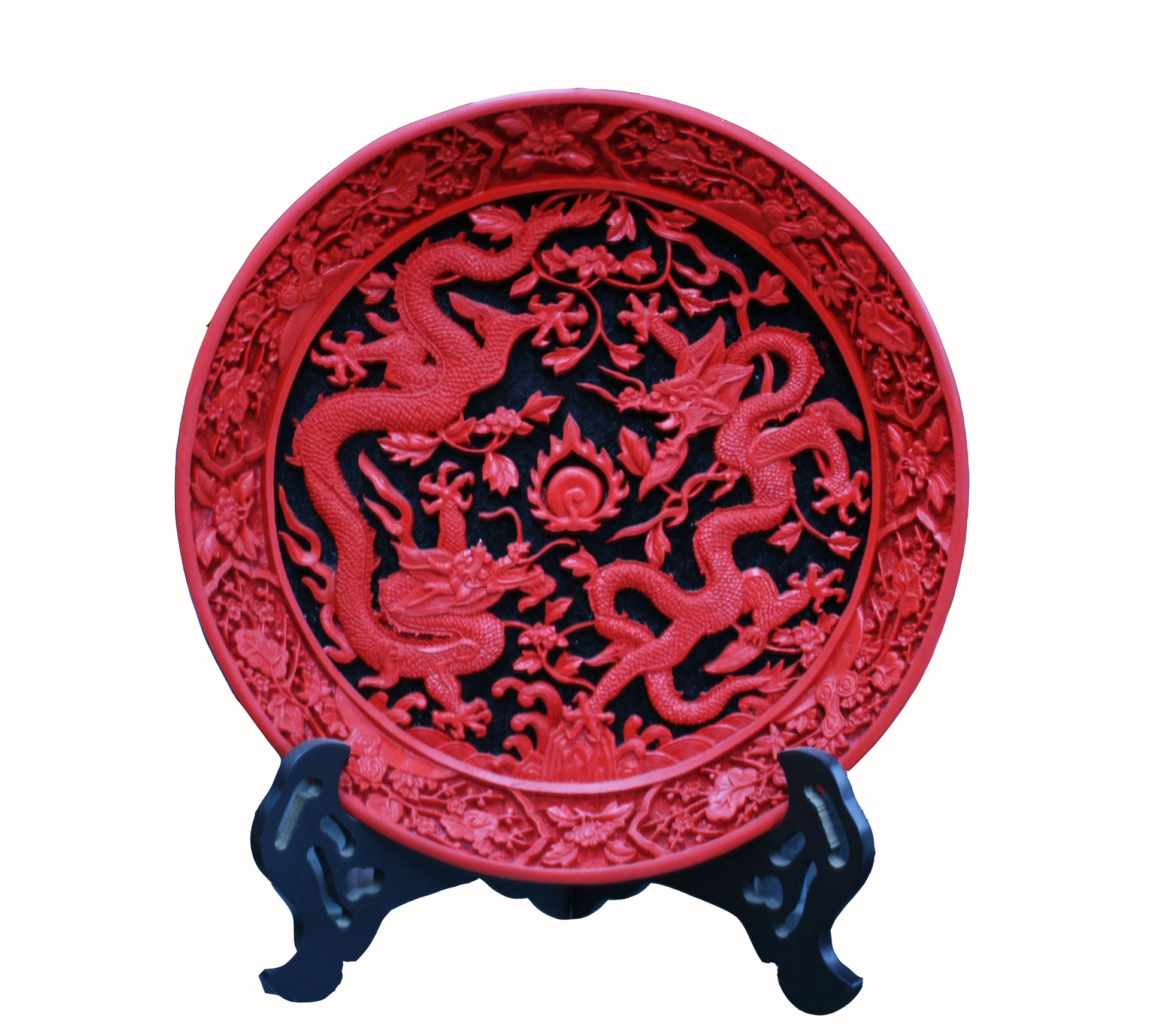 扬州漆器 红雕漆12寸双龙戏珠圆盘 特色工艺品