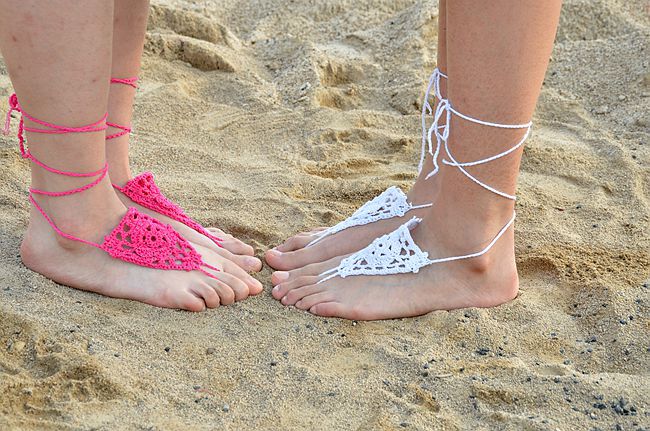 纯棉手工钩织光脚钩花脚链钩编barefoot sandals国外平台热卖