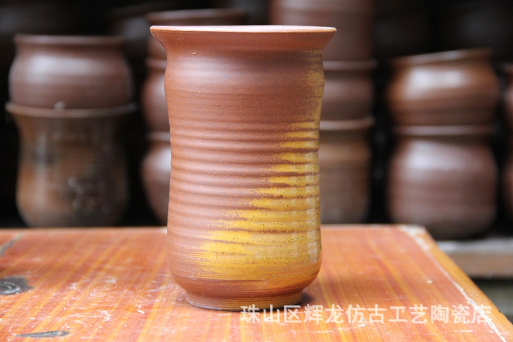 古卜柴烧黄釉粗陶老桩盆景德镇手工陶瓷多肉摆件花盆厂家直销随机