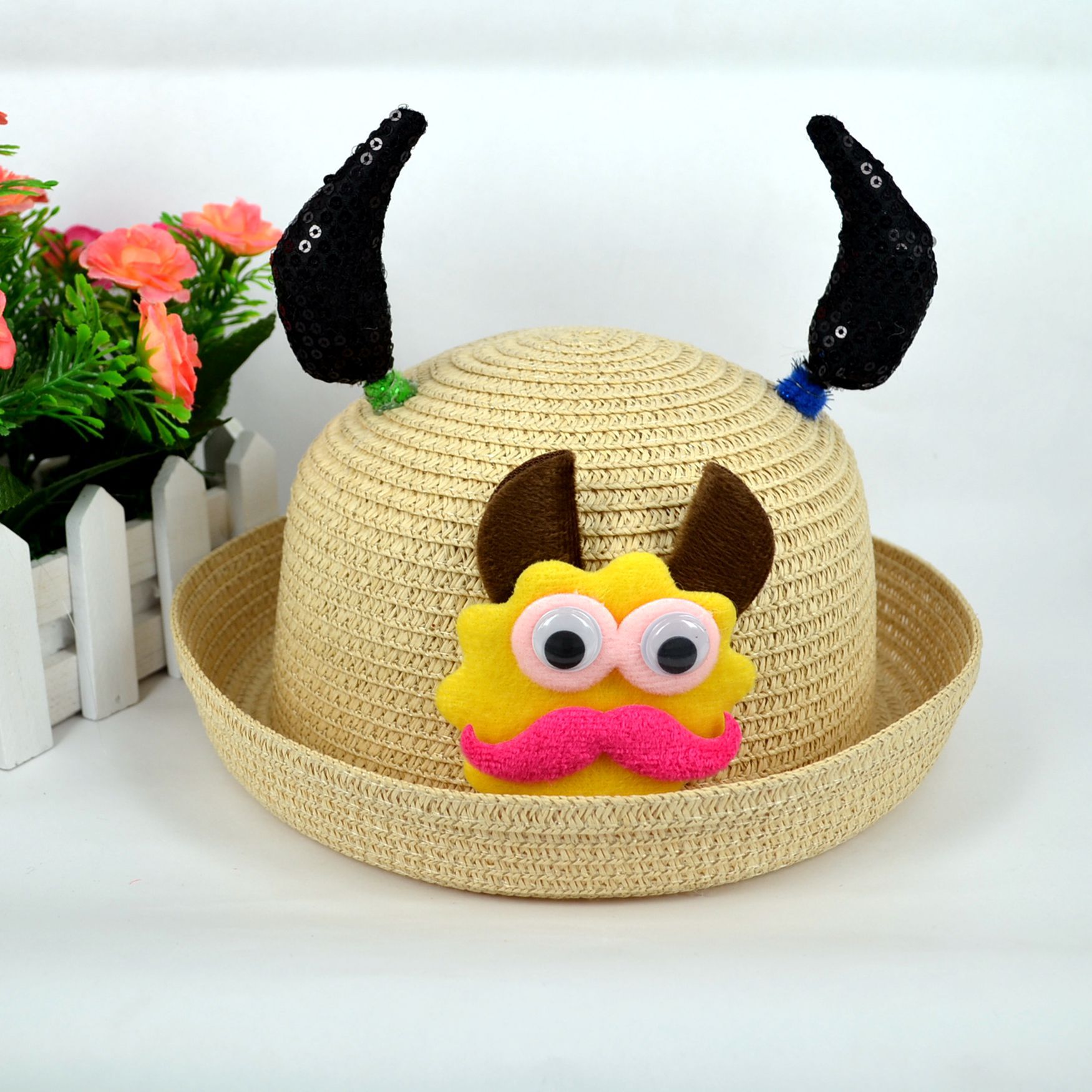 2015韩国儿童帽子新款亮片卡通牛草帽大胡子宝宝太阳防晒帽沙滩帽