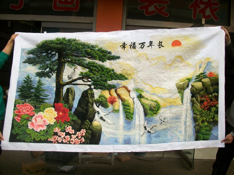 迎客松十字绣流水生财幸福万年长山水画风景新款客厅2米系列刺绣
