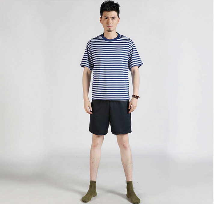 07体能训练服 海魂衫套装 夏季短袖t恤套装 蓝白条圆领汗衫套装