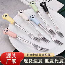 不銹鋼仿陶瓷柄水果叉可愛創意貓爪小叉子甜品蛋糕月餅便攜餐具