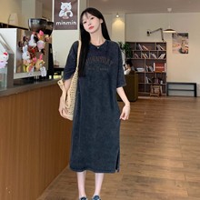 洗水復古短袖長裙夏季新款洗水純棉體恤裙小眾設計感字母印花裙子