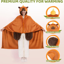 卡皮巴拉披肩法蘭絨休閑家居服連帽加厚保暖披風披肩連帽跨境卡通