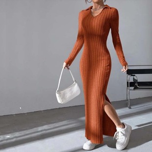 羳ᘿoBȹ Split Ribbed Knit Long Bodycon dress