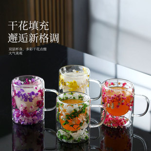 創意干花雙層杯高硼硅玻璃杯帶把手直身隔熱咖啡杯清新牛奶杯跨境