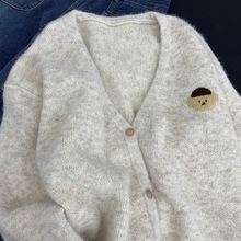 貼布小熊V領寬松毛茸茸針織開衫毛衣慵懶感上衣外套韓系秋新款女