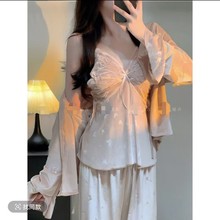 性感睡衣女秋冬新款金絲絨吊帶三件套帶胸墊韓國絨2024新款家居服