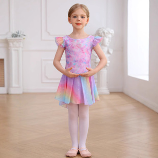 跨境舞蹈服兒童春夏短袖練功服少兒芭蕾舞裙幼兒數碼印形體連體裙