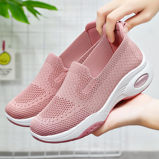 跨境女鞋批發2025夏季新款厚底飛織布鞋shoes休閑一腳蹬松糕鞋