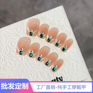 【深圳工廠】祖母綠方鑽純手工穿戴甲美甲成品溫柔可拆卸反復粘貼