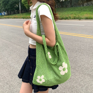 跨境ins慵懶風鏤空針織花朵單肩包手提包大容量購物袋腋下包女包