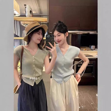 短袖女t恤2024新款薄款冰絲v領短夏季打底衫短款小飛袖針織開衫女