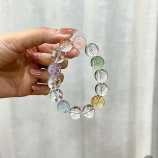天然多寶水晶手鏈海藍寶多巴胺彩色水晶串珠清透白水晶紫水晶手串