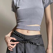 朋克牛仔風雙圈腰帶女2024新款水桶釘超長細腰帶休閑百搭鉚釘皮帶