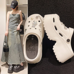 拖鞋洞洞鞋女夏季潮牌厚底增高跟外穿水鑽沙灘松糕防滑時尚涼拖鞋