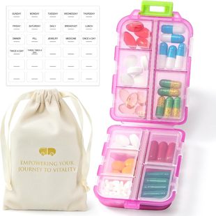 1 Pack Travel Pill Organizer w Labels & 1 Drawstring Pouch,