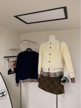 非市場版）潮牌vi25秋冬新款韓系復古假兩件拼接撞色格子針織開衫