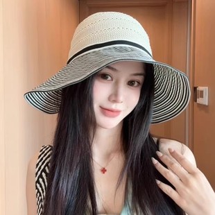 新款夏季可折疊透氣太陽帽子女韓版戶外遮陽防曬蝴蝶結鏤空空頂帽