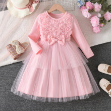 跨境女童連衣裙粉色花朵蝴蝶結長袖紗網公主裙蓬蓬裙秋季兒童裙子