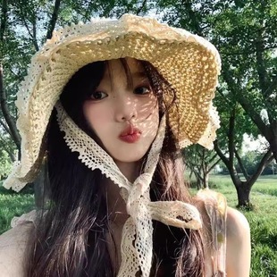 新款草帽海邊帽子系帶草編帽女夏出游防曬沙灘太陽帽蕾絲邊遮陽帽