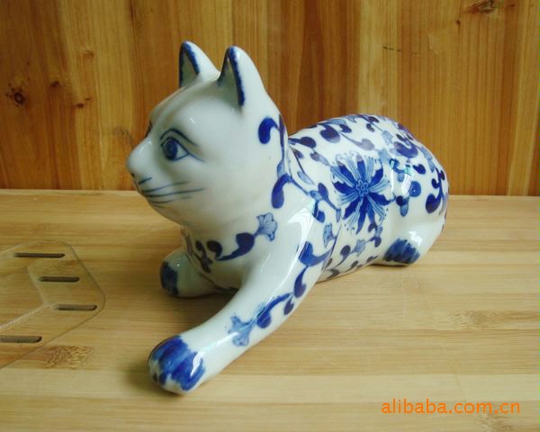 陶瓷批发 古典青花瓷 青花瓷猫咪 陶瓷猫 a516