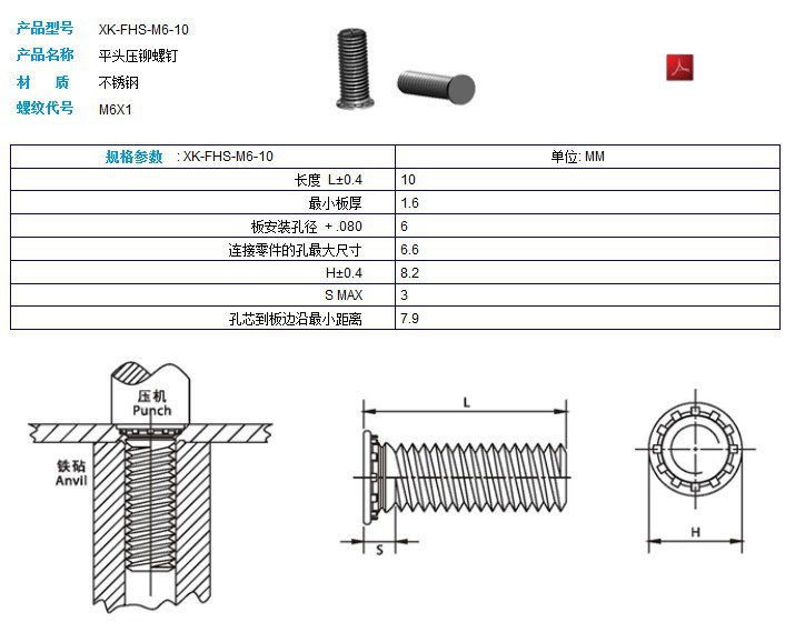 压铆件 平头压铆螺钉 不锈钢 fhs m6-10