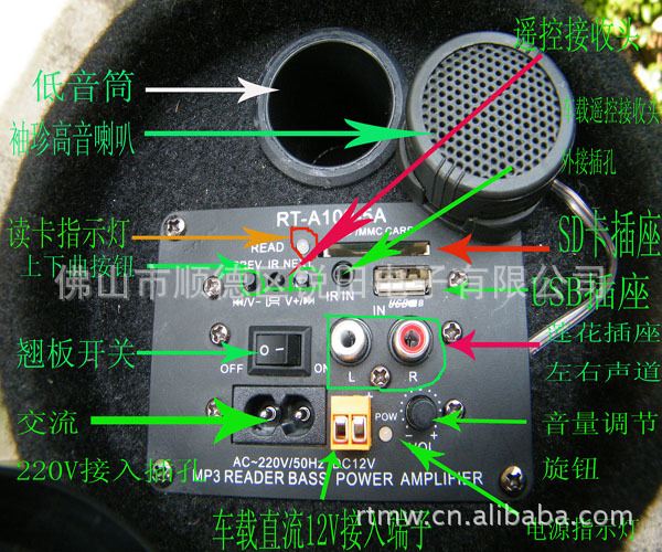 厂家直销4寸汽摩低音炮220v12v两用插卡低音炮 带收音(fm)带遥控