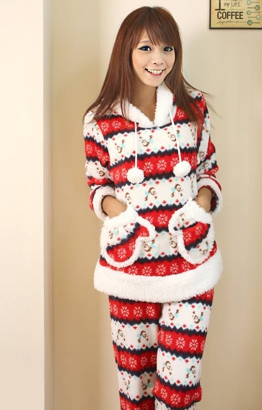 2012黛安芬冬季保暖 e1270形贴袋珊瑚绒连帽睡衣套装