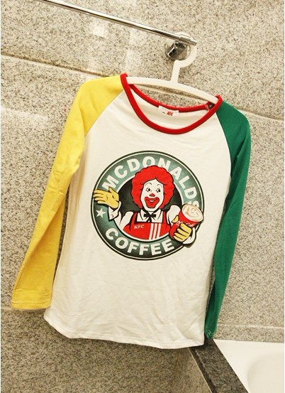 2011秋冬 日韩女装 麦当劳叔叔撞色插肩袖女式t恤 打底t 35.00元/件
