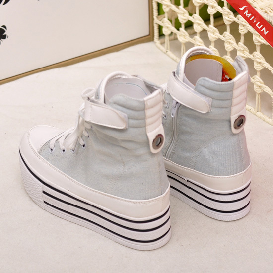 香港鞋鞋韩版休闲女鞋系带鞋高帮黑色帆布鞋松糕鞋厚底鞋女鞋潮鞋